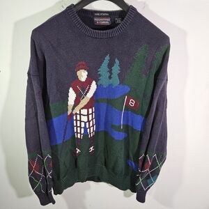 Vintage 90's Roundtree & Yorke Golf Graphic Navy Blue Knit Crewneck Sweater!